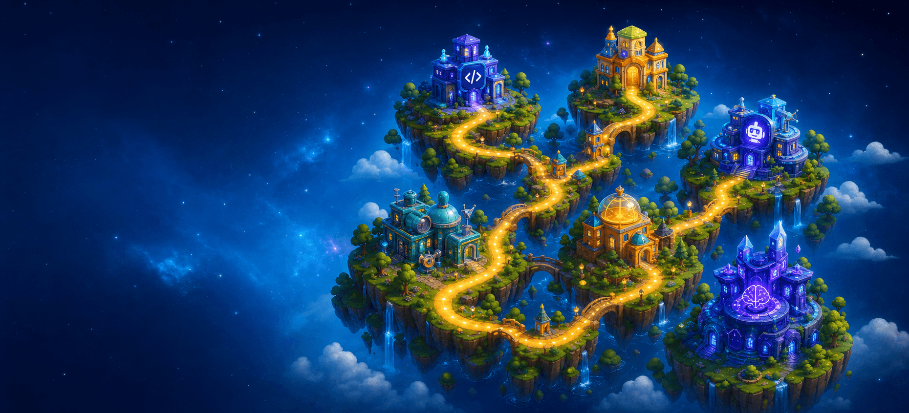 AI City панорамасы: аралдардағы аймақтар мен олардың арасындағы жол